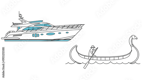 Comparison between a luxury modern motor yacht and a simple traditional wooden boat with a rower representing wealth and history.