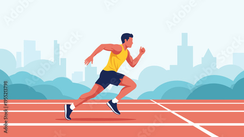 Male athlete sprinting on a running track with a stylized blue city skyline in the background representing urban sport and fitness.
