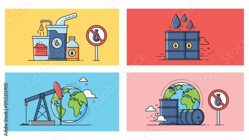 Set of four panels illustrating petroleum industry themes including drilling oil barrels and environmental impact on the earth.