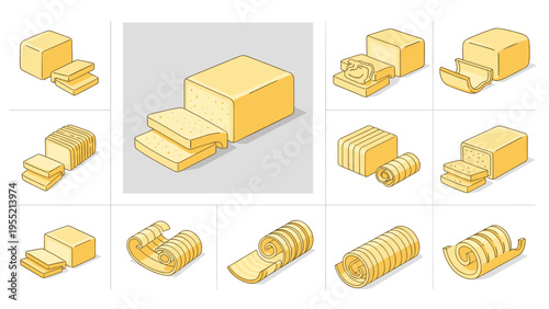 Various preparations of yellow butter including blocks slices and elegant curls for food photography and culinary illustrations.