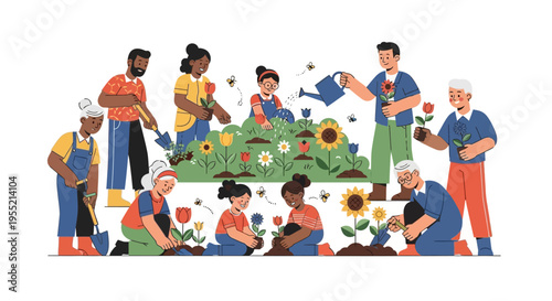 Diverse community gardening, planting flowers and vegetables, teamwork, spring activity