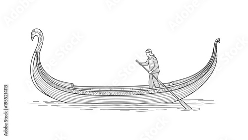 Delicate line drawing of a man rowing a traditional venetian gondola boat on calm water for travel and italian culture themes.