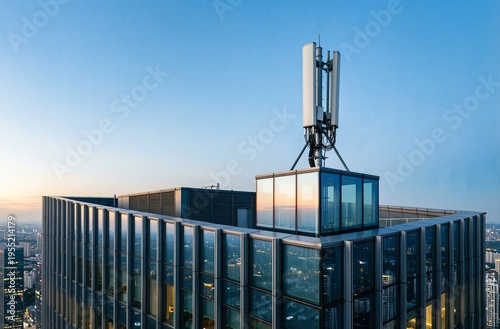 Modern Skyscraper with Telecom Tower at Sunset Cityscape