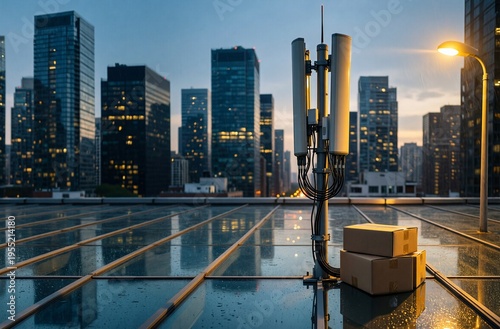 Urban Rooftop with 5G Tower and Delivery Boxes at Dusk
