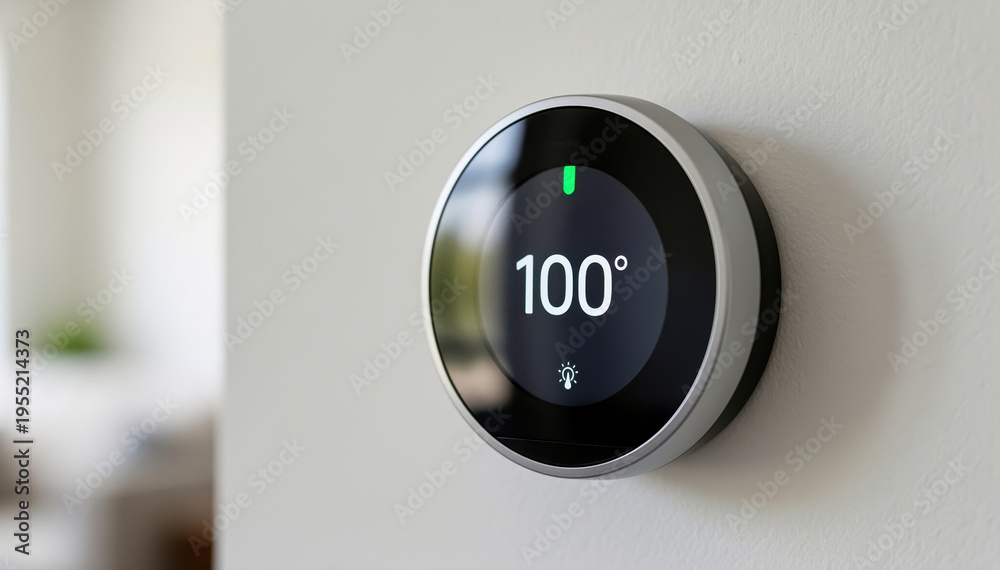 Fototapeta premium Smart Home Thermostat Control: Close-up shot showcases a modern, circular smart thermostat, prominently displaying a temperature reading on a wall. It signifies home automation and energy management.
