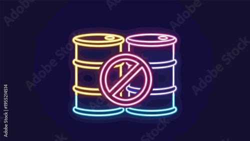 Neon sign depicting two oil barrels behind a red forbidden circle for environmental protection and anti pollution campaigns.