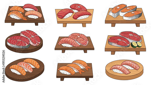 Assorted sushi and sashimi platters on wooden boards including tuna salmon and rolls for japanese restaurant menu design.