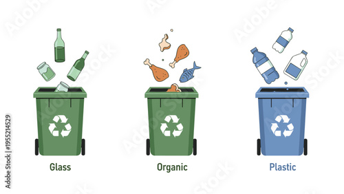 Three recycling bins for glass organic and plastic waste with corresponding trash items being sorted for ecological disposal.