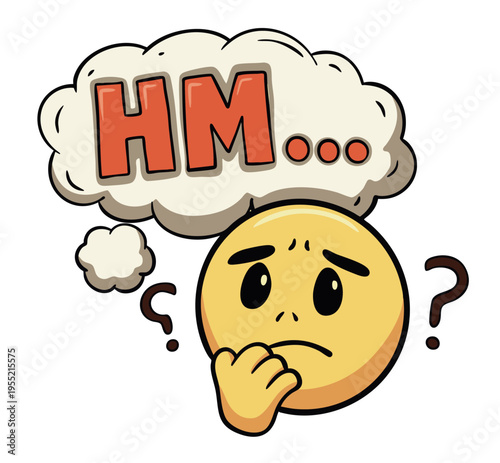Thinking emoji with Hm lettering and icons, colorful expression illustration