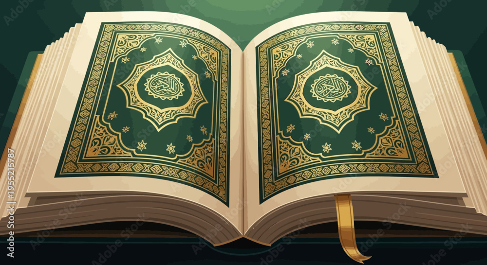Fototapeta premium Open ornate green and gold Quran, Islamic holy book with intricate Arabic calligraphy, spiritual guidance and wisdom, artistic depiction, high detail, elegant presentation
