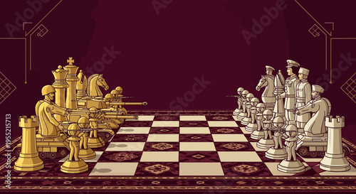 Golden and silver chess pieces depicting modern military tanks and soldiers on a stylized battlefield chessboard, symbolizing strategic conflict and war.