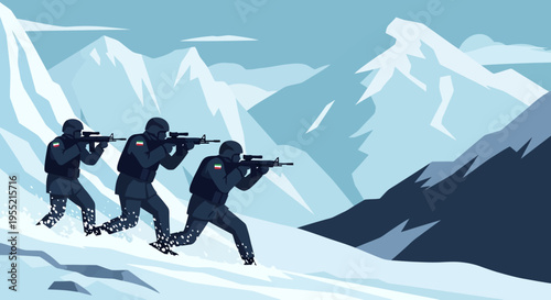 Modern special forces soldiers in tactical gear and helmets advance cautiously through a snowy mountain landscape, armed with rifles, in a stylized flat design.