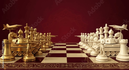 Conceptual Golden and White Military Chess Set Featuring Tanks, Jets, and Traditional Pieces Arranged on Board with Burgundy Backdrop in Dramatic Lighting