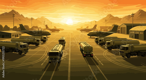 Military cargo planes refueling on airport tarmac at sunrise, detailed digital art with dramatic lighting, conveying logistics and transport.
