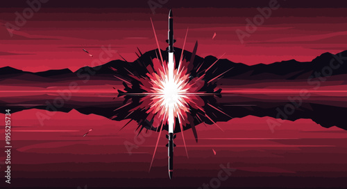 Epic sci-fi spectacle, intense cosmic explosion radiating vibrant red light amidst dark mountainous landscape reflected in still water, digital art.