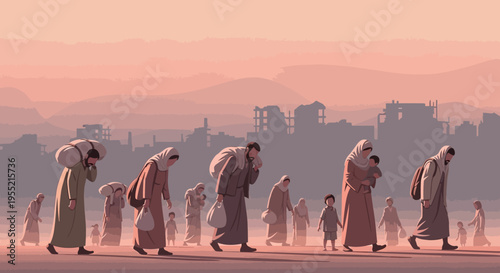Silhouetted figures of refugees, men, women, and children, with belongings, trudging through a desolate, dusty landscape towards a hazy, distant, war-torn city at dawn, symbolic, emotional, 