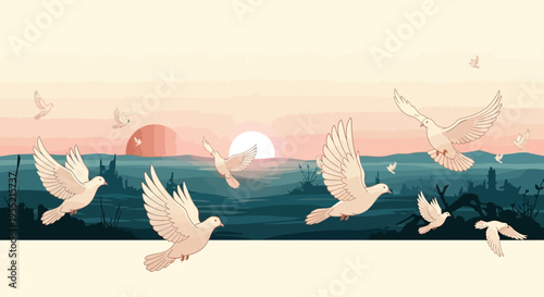 A flock of white doves gracefully soaring and circling across a serene sunset sky, over a distant silhouette of trees and buildings, conveying peace and freedom in a painterly, warm color pa