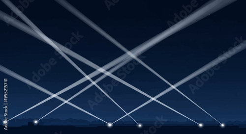 Elegant abstract geometric spotlights illuminate dark night sky with subtle horizon, creating a dramatic atmosphere of anticipation and visual depth.