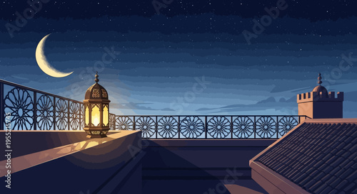 Serene Islamic rooftop terrace under crescent moon and starry night sky with ornate lantern casting warm glow, detailed architectural patterns.