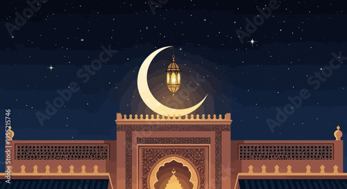 Ramadan crescent moon shines brightly above ornate mosque architecture with a glowing lantern during a starlit night, evoking a spiritual and festive Islamic celebration.