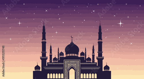 Silhouette of a majestic Islamic mosque with intricate minarets and domes against a twilight sky filled with twinkling stars and a gradient of purple and orange hues, digital art.