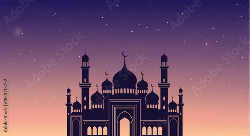 Majestic Islamic mosque silhouette against a vibrant twilight sky with scattered stars, a serene architectural masterpiece bathed in gradient hues of purple and orange.