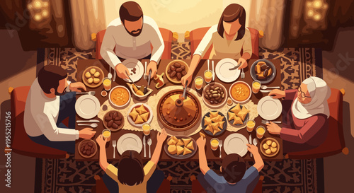 Warm, intimate family gathering at an opulent Middle Eastern table, sharing a feast during a holy Ramadan evening, depicted in a stylized, illustrative art style with soft, inviting lighting