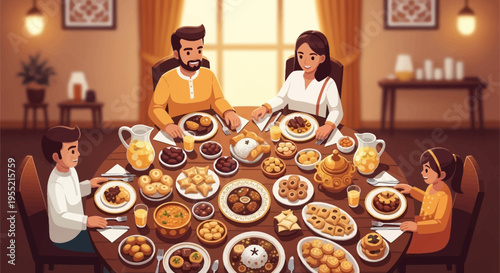 Joyful diverse family enjoying abundant festive meal, rich warm colors, flat stylized digital art, intimate togetherness at round table laden with delicious food.