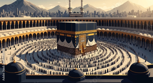 Spiritual pilgrimage Vast crowd of devoted Muslims circumambulating the Kaaba in Mecca's Grand Mosque, bathed in golden sunlight, showcasing sacred Islamic architecture and devotion.