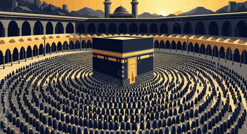 Masses of devout Muslim pilgrims in prayer around the Kaaba, a sacred cube, during sunset, creating a spiritual atmosphere within the grand architectural complex of Mecca.