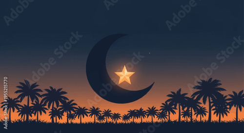 Serene crescent moon with a glowing star silhouetted against a warm twilight sky above a dense palm tree landscape, creating an ethereal and mystical desert oasis ambiance.
