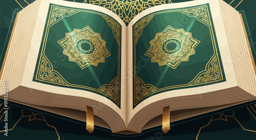Ancient, ornate, open Quran, sacred text, glowing with divine light, intricate gold Islamic geometric patterns, deep emerald green pages, symbolic representation of faith and knowledge, a sp