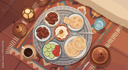 Overhead view of a traditional Ramadan Iftar meal spread with dates, yogurt, honey, bread, coffee, water, and fresh salad on a patterned rug, inviting warm lighting.
