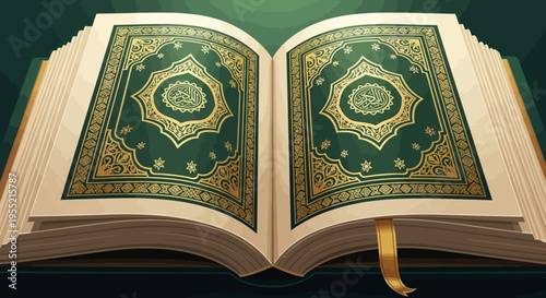 Open ornate green and gold Quran, Islamic holy book with intricate Arabic calligraphy, spiritual guidance and wisdom, artistic depiction, high detail, elegant presentation