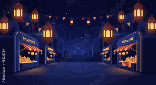 Enchanting Ramadan night market scene with glowing lanterns, colorful pennant banners, and traditional stalls, featuring Islamic architecture silhouetted against a deep blue twilight sky.