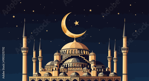 Majestic mosque with golden crescent moon and star illuminated against a starlit night sky, evoking a spiritual and serene Islamic ambiance.