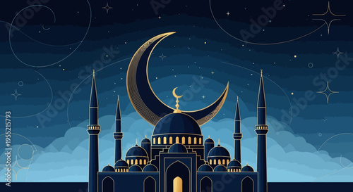Majestic Islamic mosque illuminated at night under a large crescent moon and starry sky, featuring minarets and domes in a serene, spiritual ambiance with delicate cloud formations and ether