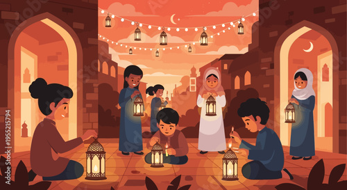 Diverse children celebrating Ramadan festivities at dusk, lighting ornate lanterns adorned with crescent moons, against a backdrop of Islamic architecture and mosque minarets.