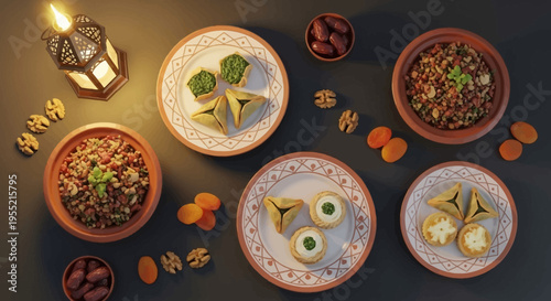 A top-down view of a beautifully arranged assortment of Middle Eastern Ramadan Iftar dishes and sweets, illuminated by a traditional lantern, symbolizing festive feasting and communal celebr
