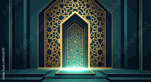 Grand opulent doorway, ornate Islamic geometric patterns, glowing mystical light emanates from within, creating a portal to another dimension, fantasy art.
