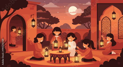 Children joyfully holding traditional lanterns at dusk in a courtyard with arched windows and decorative lamps, warm sunset colors, flat vector art style.
