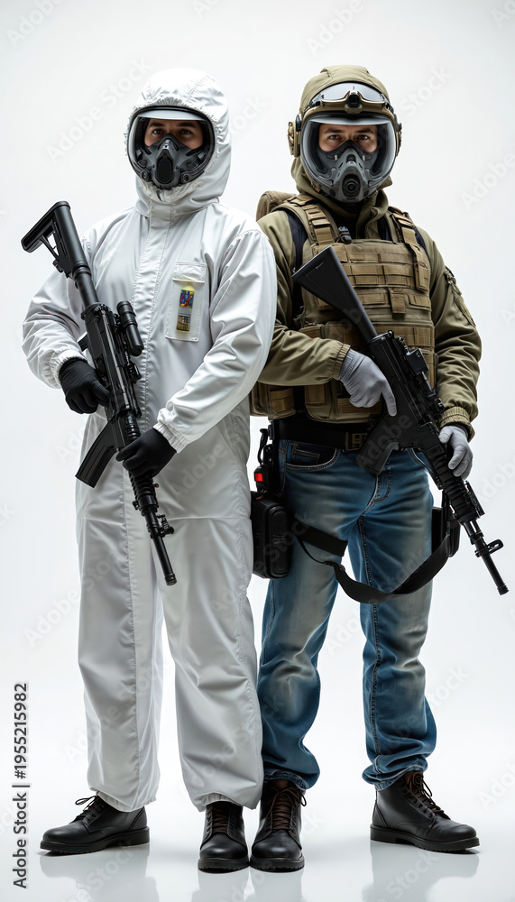 Fototapeta premium Man in hazmat suit and soldier in tactical gear hold rifles. Scientists and military unite against biological threats. Cooperation ensures global safety from pandemic.