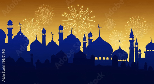 Enchanting Islamic cityscape silhouette under a golden sky with vibrant fireworks, showcasing mosque domes and minarets, celebratory festive occasion