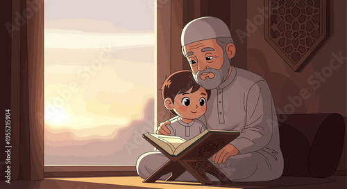 Elderly Muslim grandfather patiently teaching young boy Quranic verses, warm sunset light filtering through window, soft anime art style, peaceful family bonding moment.