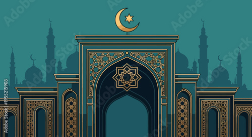Ornate Islamic architectural gateway with golden crescent moon and star emblem above, intricate geometric patterns, serene teal backdrop with mosque silhouettes, traditional religious symbol