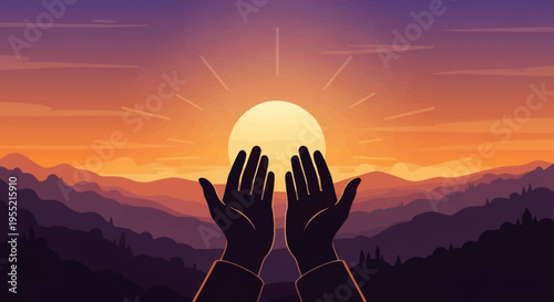 Silhouette of cupped hands reaching towards a vibrant sun bursting with rays over a mystical mountainous landscape at dawn, in a flat vector art style.