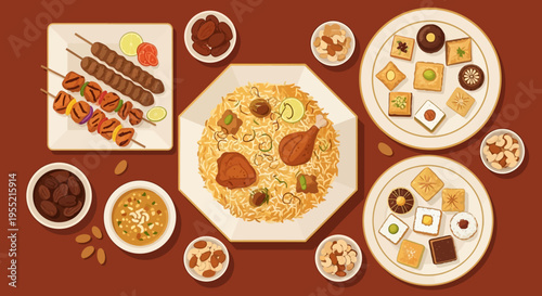 Delectable Middle Eastern feast presented with flat lay perspective grilled kebabs, aromatic rice, assorted sweet pastries, dates, nuts, and dips, meticulously arranged in a vibrant, stylize