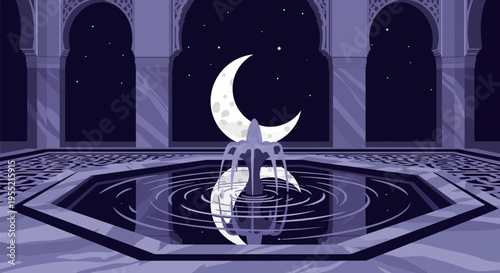 A serene, stylized, geometric night scene featuring a crescent moon and a fountain reflecting its glow in a tranquil courtyard with arched architecture.