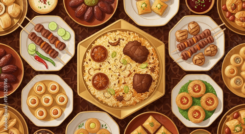 Generous spread of authentic Arabian cuisine, featuring a central rice dish with succulent meat, surrounded by diverse mezze, grilled skewers, and sweet pastries.