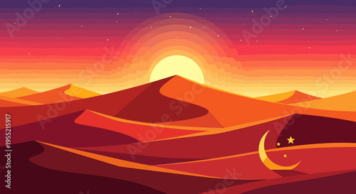 Vibrant flat design desert sunset landscape with rolling sand dunes, crescent moon, and stars, evoking a sense of peaceful twilight serenity and Arabian nights atmosphere.